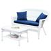 Afuera Living Wicker Patio Love Seat & Coffee Table Set - White w/ Blue Cushion
