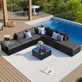 8 Piece Outdoor Patio Furniture Sets Wicker Garden Conversation Wicker Sofa Set with Glass Coffee Table Sofa Sectional Set with Movable Cushion Gray Cushions+Black Wicker