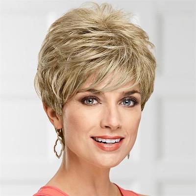 Short Pixie Wig with Richly Texturized Piecey Layers and Wispy Side-Swept Bangs / Multi-tonal Shades of Blonde Silver Brown and Red