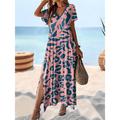 Women's Casual Dress Summer Dress Leaf Leopard Split Print V Neck Long Dress Maxi Dress Vacation Short Sleeve Summer