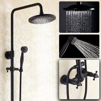 Antique Shower System Faucet Combo Set, 8 Rainfall Shower Head Kit with Handshower Wall Mounted, Brass Copper Black Electroplated Finish Vintage Style 2 Handles 3 Hole Bath Mixer Taps with Bodysprays