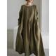 Women's Cotton Linen Maxi Dress - Casual Swing Crew Neck Long Sleeve Pockets Smocked Summer Spring Fall Loose Fit Black Yellow Green