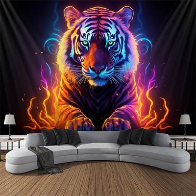 Blacklight Tapestry UV Reactive Glow in the Dark Glow Party Neon Tiger Animal Psychedelic Trippy Misty Hanging Tapestry Wall Art Mural for Living Room Bedroom