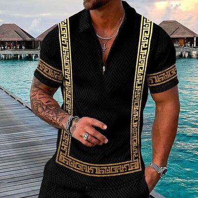 Men's Baroque Zip Polo Shirts Golf Shirt Short Sleeve Polo Shirts Collared Shirts Vintage Casual Vacation Wear Party Outfits 3D Print Quarter Zip Polo Yellow Blue Purple