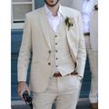 Men's Linen Suits Beach Wedding Beige 3 Piece Solid Colored Summer Suits Tailored Fit Single Breasted Two-buttons 2024