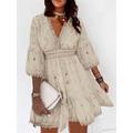 Women's Cotton Lace Ruffle Mini Dress V Neck Embroidered Sleeve Regular Fit White Apricot Summer Spring Fall