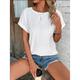 Women's T shirt Tee White Eyelet Tops Cotton Plain Daily Weekend Light Blue White Cut Out Short Sleeve Basic Round Neck Regular Fit