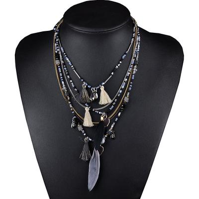 CARNIVAL Bohemian Multi layered Necklace Handmade Beaded Feather Fringe Sweater Chain Resin Rice Beads Tourism Jewelry