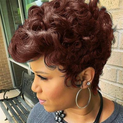 Dark Brown Short Pixie Cut Wigs for Black Women Curly Hair Replacement Short Black Layered Wavy Pixie Wigs With Bangs For Black Women