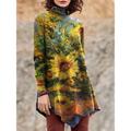 Women's T shirt Tee Leaf Holiday Weekend Yellow Army Green Orange Print Asymmetrical Long Sleeve Daily Basic Turtleneck High Neck Regular Fit Fall Winter