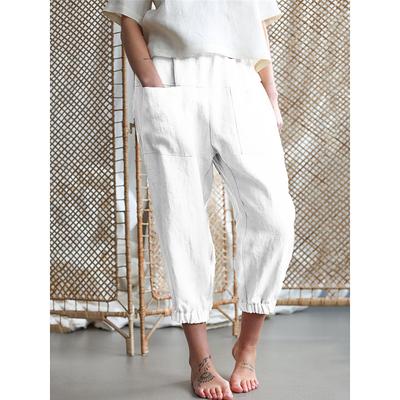 Women's Cotton Linen Pants Comfort Pure Color Pocket Elastic Waist Breathable Micro-elastic Home Black White Khaki Summer