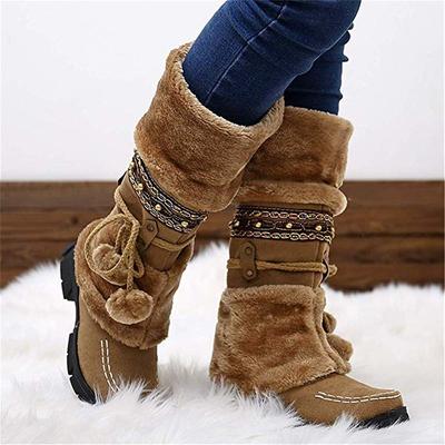 Women's Winter Faux Fur Boots with Decorative Pom-Poms and Beaded Trim - Perfect for Cold Weather and Casual Wear