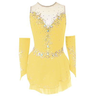 Figure Skating Dress Women's Girls' Ice Skating Dress Outfits White / White Yellow Yellow Dark Purple Open Back Mesh Spandex Training Competition Skating Wear Handmade Crystal / Rhinestone Ice