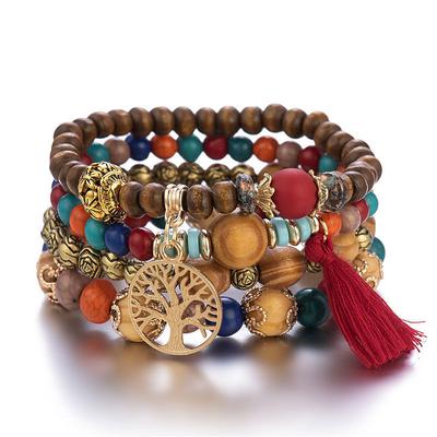 Tree Tassel Charm Beaded Bracelet Handmade Bohemian Style Multi-layer Wooden Bead Beaded Bracelet Elastic Bracelet Hand Jewelry