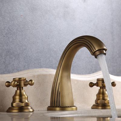 Widespread Bathroom Sink Mixer Faucet, Vintage Brass 3 Hole 2 Handles Basin Taps, Retro Style Bathroom Tap Contain with Cold and Hot Water Hose