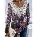 Women's Shirt Blouse Floral Graphic Casual Black Light Green Pink Lace Patchwork Print Long Sleeve Fashion Round Neck Regular Fit Spring Fall