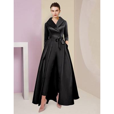 Jumpsuit / Pantsuit Mother of the Bride Tuxedo Formal Wedding Guest Elegant Party Simple Shirt Collar Ankle Length Satin 3/4 Length Sleeve with Bow(s) 2025 free custom size