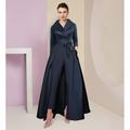 Jumpsuit / Pantsuit Mother of the Bride Dress With Overskirt Formal Fall Wedding Guest Party Simple Elegant Shirt Collar Ankle Length Satin 3/4 Length Sleeve with Bow(s) 2024