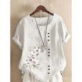 Women's Shirt Linen Shirt Blouse Cotton Linen Floral Daily Button Print White Short Sleeve Vintage Basic Holiday Crew Neck Summer Spring