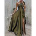 Women's Prom Dress Party Dress Satin Dress Long Dress Maxi Dress Army Green Sleeveless Pure Color Ruffle Spring Fall Winter One Shoulder Fashion Winter Dress Evening Party Wedding Guest 2023 S M L XL