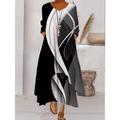 Women's Color Block Long Maxi Dress Button Layered Casual Dress Swing Dress Print Dress Fashion Modern Daily Vacation Weekend 3/4 Length Sleeve Crew Neck Dress Loose Fit Silver Black White