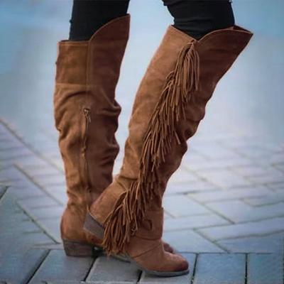 Women's Brown Suede Fringe Knee-High Boots with Buckle Straps - Western Style for Festivals, Casual Outings, and Outdoor Adventures