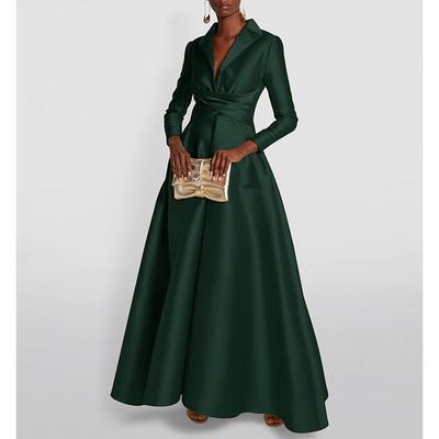 A-Line Evening Gown Elegant Dress Tuxedo Dress Formal Wedding Guest Floor Length Long Sleeve Shirt Collar Satin with Ruched 2025