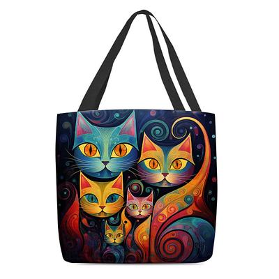 Women's Colorful Cat Print Tote Bag, Artistic Design with Large Capacity, Perfect for Daily Use or Shopping