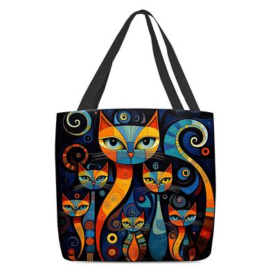 Women's Colorful Cat Print Tote Bag, Artistic Design with Large Capacity, Perfect for Daily Use or Shopping