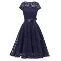 Women's Vintage Dress Party Dress Blue Dress Lace Dress Midi Dress White Wine Navy Blue Short Sleeve Pure Color Lace up Spring Fall Winter Square Neck Vintage