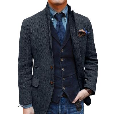 Men's Retro Vintage Tweed Blazer Herringbone Wool Blazer Sport Coat Regular Plus Size Single Breasted Two-buttons Black Champagne Burgundy Blue