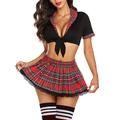 Student Uniform Lingerie Set for Women Two Piece Lingerie Outfits Sexy Lace Lingerie with Tie Top and Mini Pleated Skirt Sexy Halloween Costume