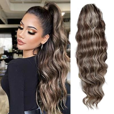 24 Inch Long Body Wave Ponytail hair Extension Synthetic Heat Resistant Wrap Around Drawstring Curly Wavy Ponytail Hairpieces for Women
