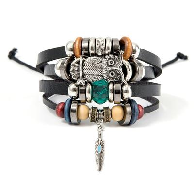 Turquoise Men's Woven Leather Wood Bead Bracelet Multilayer Pendant Beaded Women's Bracelet DIY Couple Style