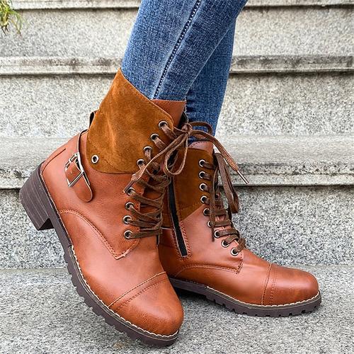 Women's Blue Lace-Up Ankle Boots with Suede Collar and Buckle Detail, Stylish Combat Boots for Casual and Outdoor Wear