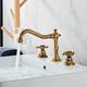 BrassBathroomFaucet,Brushed Finish Antique Copper Two Handles Three Holes Widespread Bathroom SinkFaucet Contain with Cold and Hot Switch