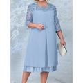 Women's Plus Size Curve Casual Dress Lace Dress Chiffon Dress Plain Midi Dress 3/4 Length Sleeve Lace Patchwork Crew Neck Fashion Outdoor Pink Navy Blue Fall Winter L XL XXL 3XL 4XL