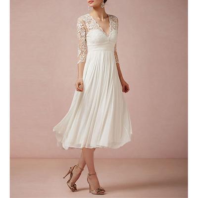 TS Beach Wedding Bridal Shower Little White Dresses Wedding Dresses A-Line V Neck 3/4 Length Sleeve Tea Length Chiffon Bridal Gowns With Appliques Solid Color 2025