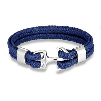 bracelet for men, sturdy cowhide leather bracelet, multilayer vintage anchor bracelet wrap cuff - blue with silver anchor