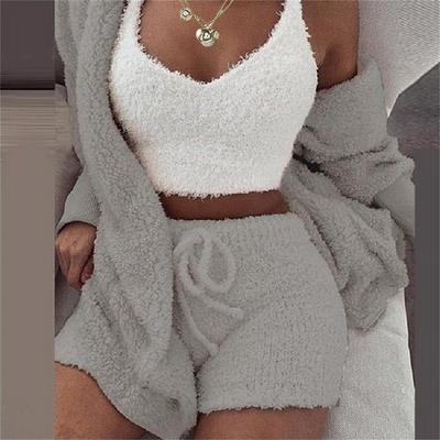 Women's Loungewear Sets 3 Pieces Pure Color Sport Plush Casual Home Daily Bed Cotton Blend Breathable V Wire Long Sleeve Shorts Elastic Waist Fall Winter Home Outfits