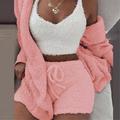Women's Fleece Loungewear Sets 3 Pieces Fluffy Fuzzy Warm Pajama Pure Color Sport Plush Casual Home Daily Bed Cotton Blend Breathable V Wire Long Sleeve Shorts Elastic Waist Fall Winter Pink Purple