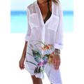 Women's Shirt Dress Cover Up Beach Wear Mini Dress Pocket Print Fashion Casual Floral Turndown 3/4 Length Sleeve Loose Fit Outdoor Daily White Yellow 2023 Summer Spring S M L XL