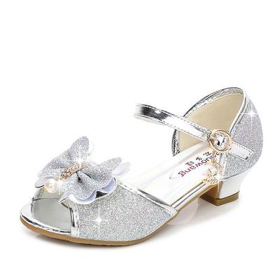 Girls' Blue Glitter Princess Shoes with Bow and Pearl Charm – Sparkly Low Heel Sandals for Parties, Weddings, and Dress-Up