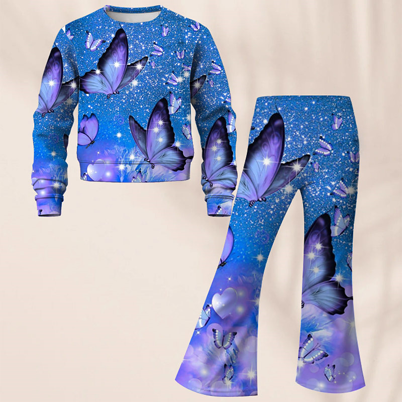 Girls' 3D Butterfly Set Sweatshirt Flare Pants Set Long Sleeve 3D Print Fall Winter Active Fashion Daily Kids 3-12 Years Crew Neck Outdoor Vacation Date Regular Fit