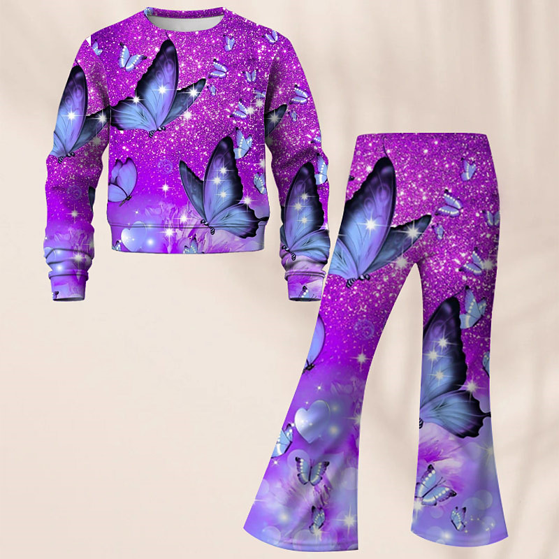 Girls' 3D Butterfly Set Sweatshirt Flare Pants Set Long Sleeve 3D Print Fall Winter Active Fashion Daily Kids 3-12 Years Crew Neck Outdoor Vacation Date Regular Fit
