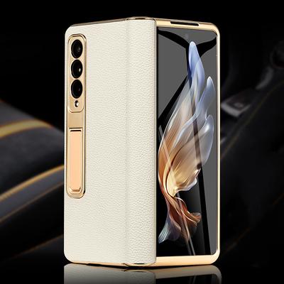 Phone Case For Samsung Galaxy Z Fold 5 Z Fold 4 Z Fold 3 Back Cover Camera Lens Protector Kickstand Shockproof Retro Genuine Leather