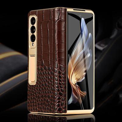 Phone Case For Samsung Galaxy Z Fold 5 Z Fold 4 Z Fold 3 Back Cover Camera Lens Protector Kickstand Shockproof Retro Genuine Leather