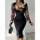 Women's Black Dress Bodycon Dress Sequin Mesh Patchwork Floral Lace Dress Deep V-neck Sheer Long Sleeve Knee-Length Elegant Evening Party Wedding Guest Spring Summer