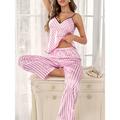 Women's Satin Striped PJ Sets Cami Top and Pants Loungewear Sets Fashion Comfort Soft Home Daily Bed Polyester Breathable Straps Sleeveless Strap Top Elastic Waist Pants Summer Spring Black Pink