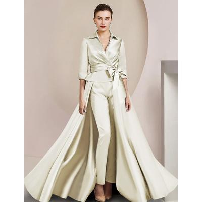 Two Piece Jumpsuit / Pantsuit Mother of the Bride Formal Wedding Guest Elegant Shirt Collar Ankle Length Satin Half Sleeve with Bow(s) 2025 free custom size